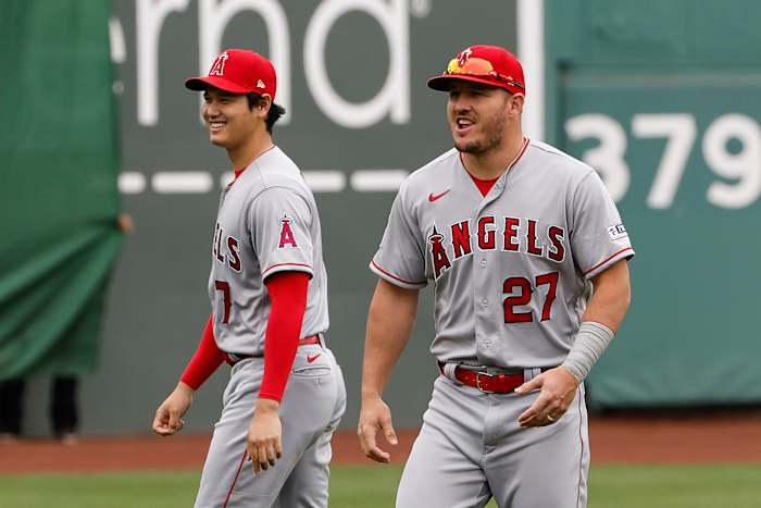 BOSTON, MA - APRIL 16: Shohei Ohtani #17 of the Los Angeles Angels and Mike Trout #27 before their game against the Boston Red Sox at Fenway Park on April 16, 2023 in Boston, Massachusetts. (Photo By Winslow Townson/Getty Images)